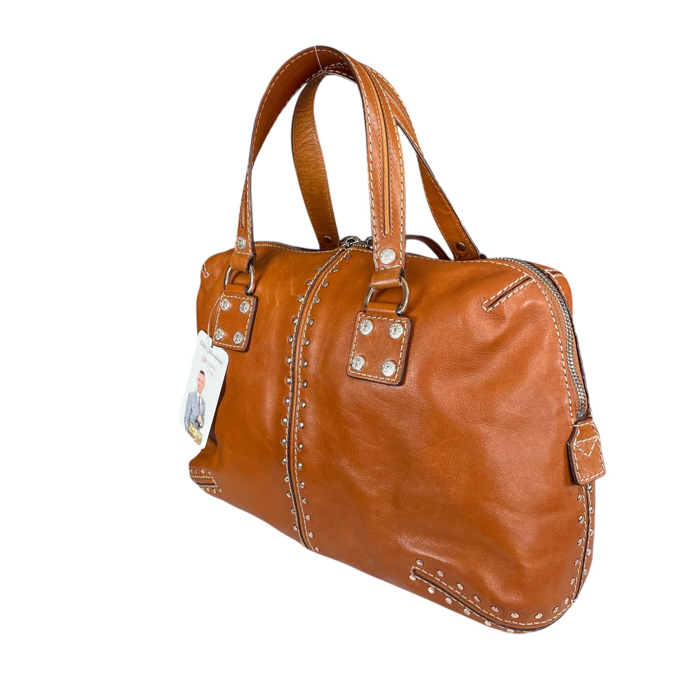 Michael Kors Astor Studded Equestrian SHW Distressed Tan Leather Satchel