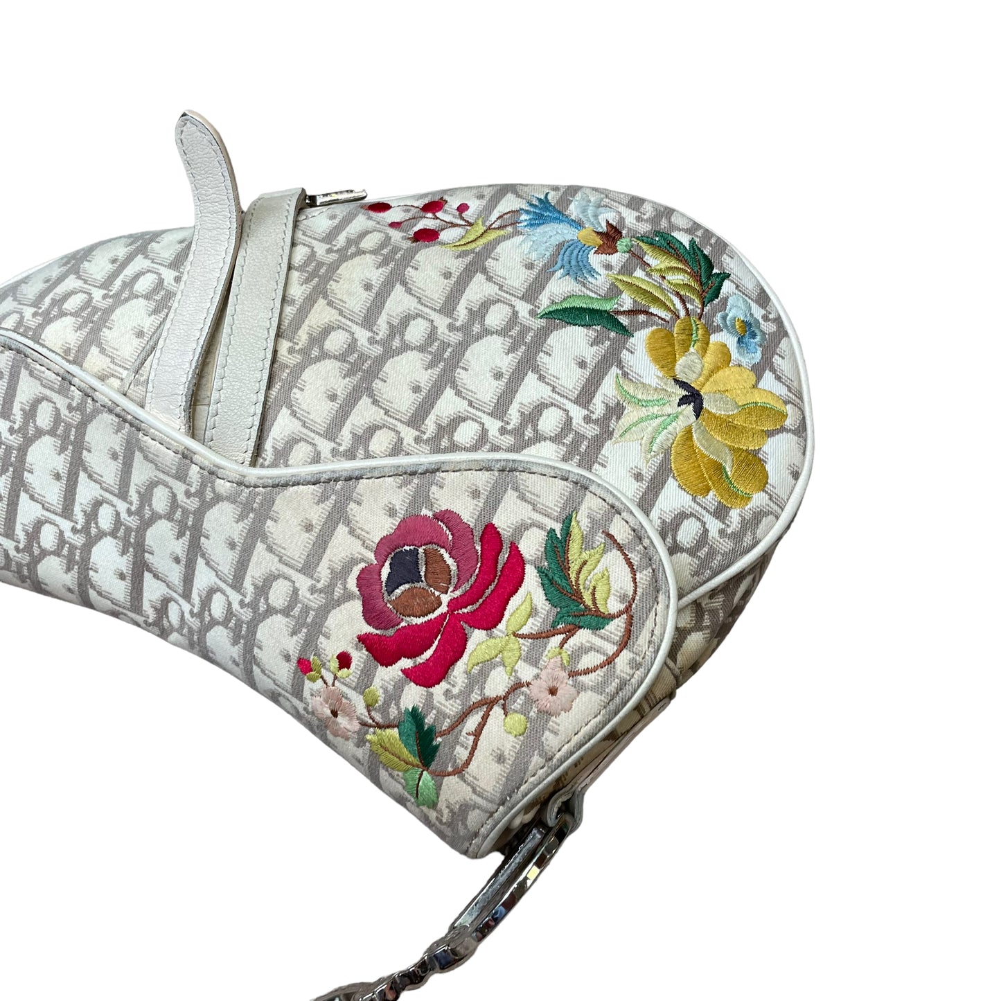 Christian Dior Saddle Oblique Bag Floral Embroidered Ivory Canvas Silver Hardware Purse