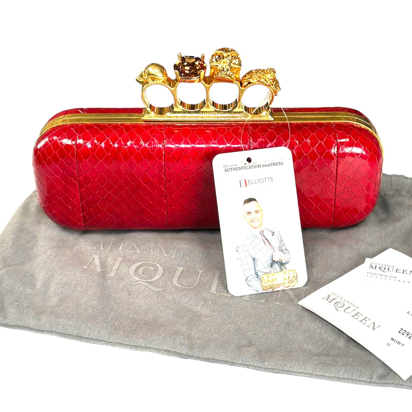 Alexander McQueen Ruby Red Embossed Leather Knuckle Clutch – Gold Rhinestone Skull Hardware