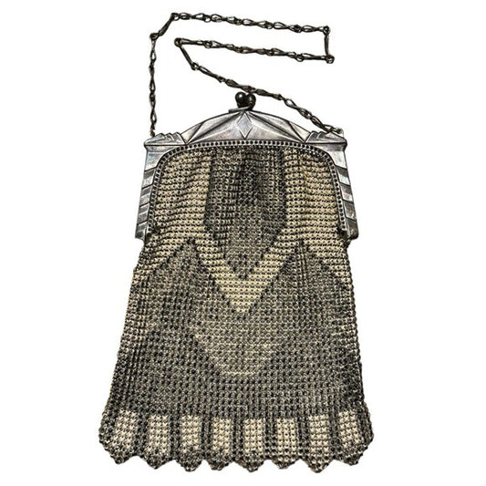 Whiting & Davis Silver Plated Metal Mesh Purse Black & Creme