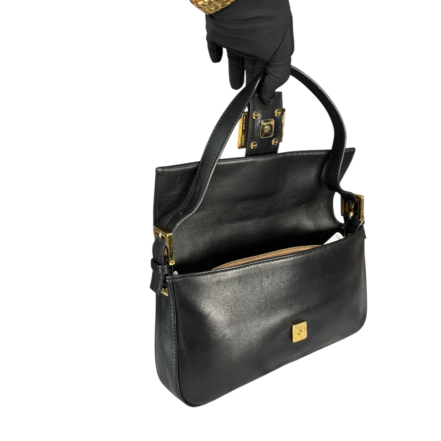 Fendi Baguette Re-Issue Black Leather GHW Red/ Tan Shoulder Purse