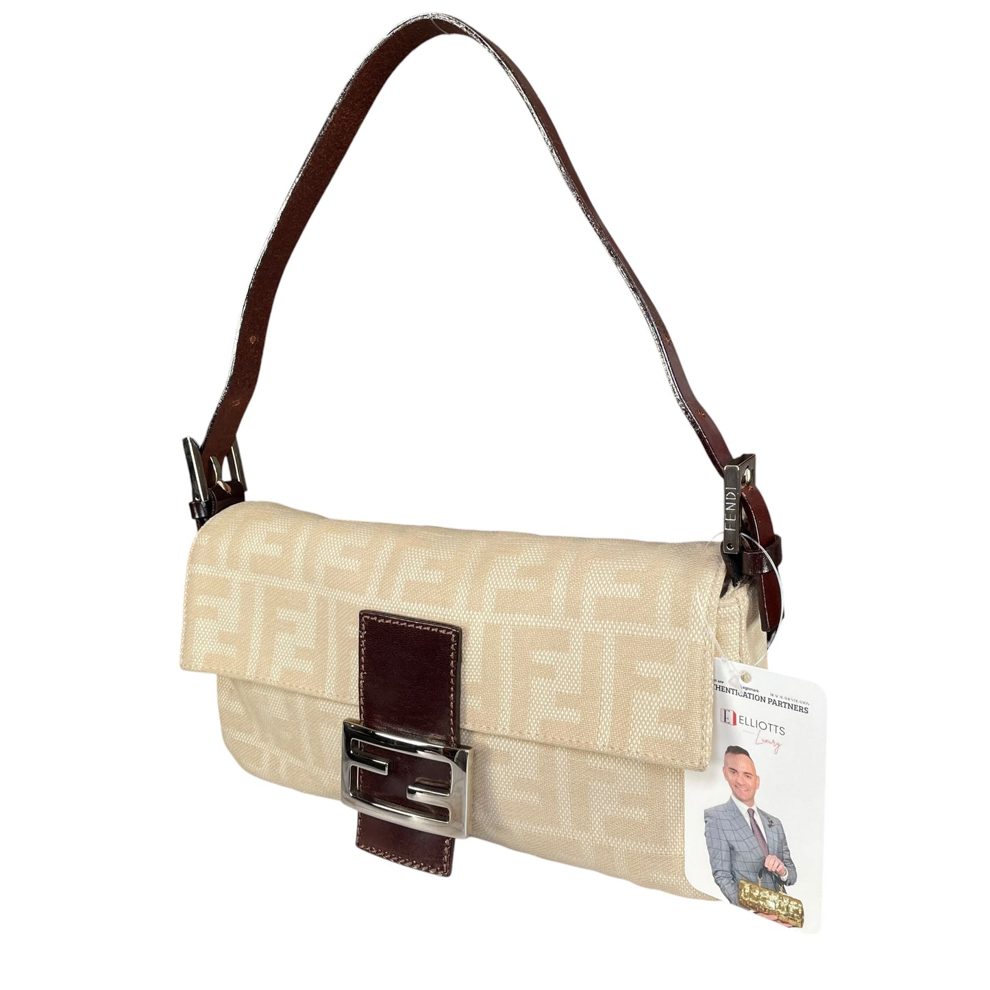 Fendi Baguette Y2K Zucca Monogram Cream Brown Fabric Leather Shoulder Purse