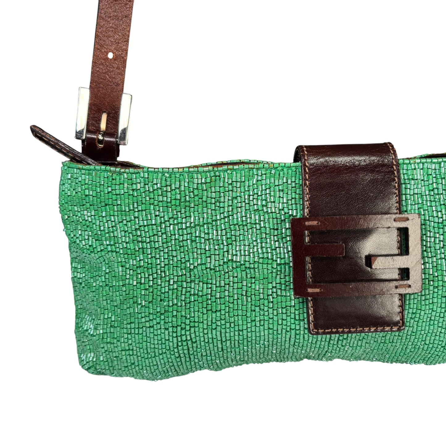 Fendi Y2K Slim Baguette Green Beaded Shoulder Purse