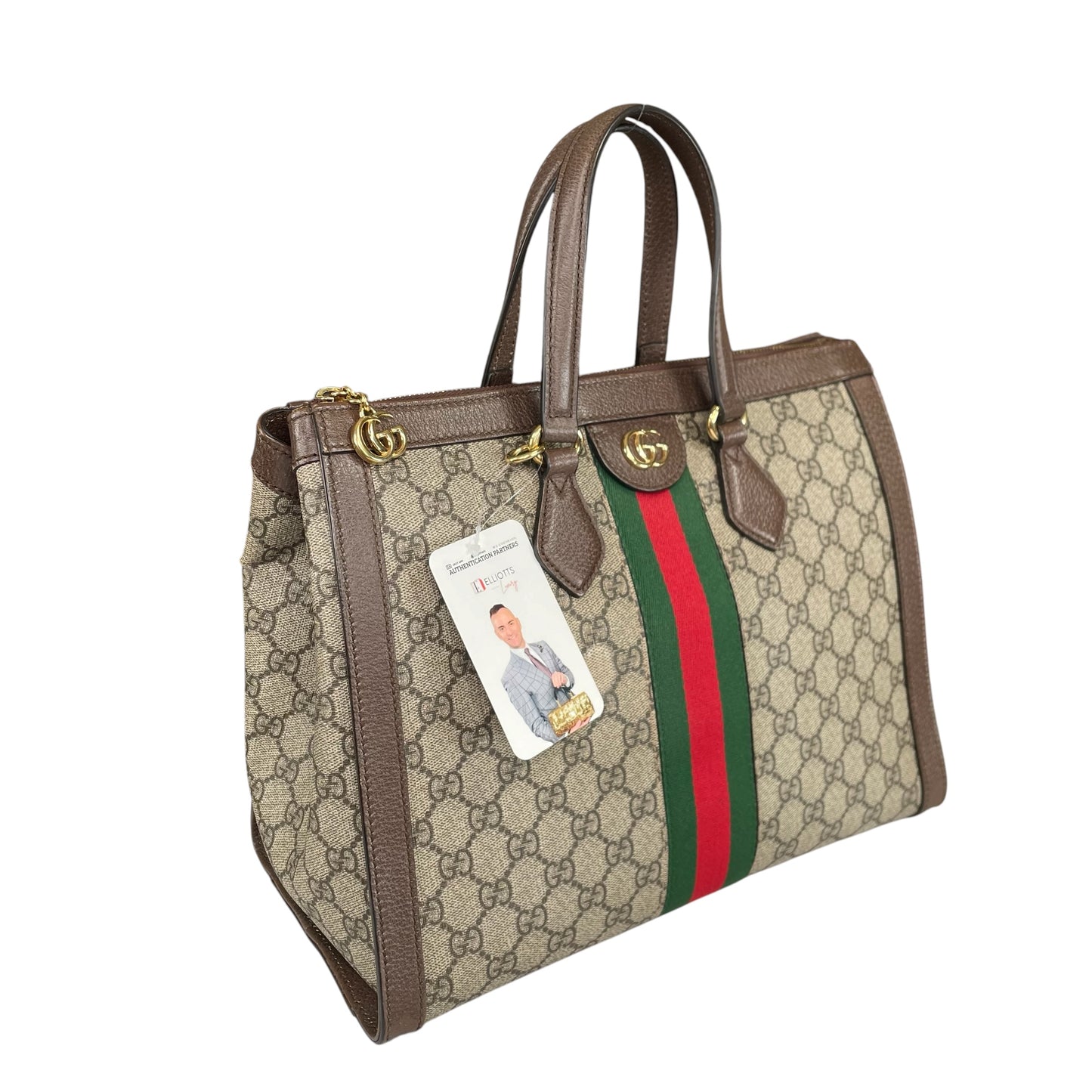 Gucci GG Ophidia GHW Leather Supreme Brown Canvas Crossbody Medium 2-Way Tote