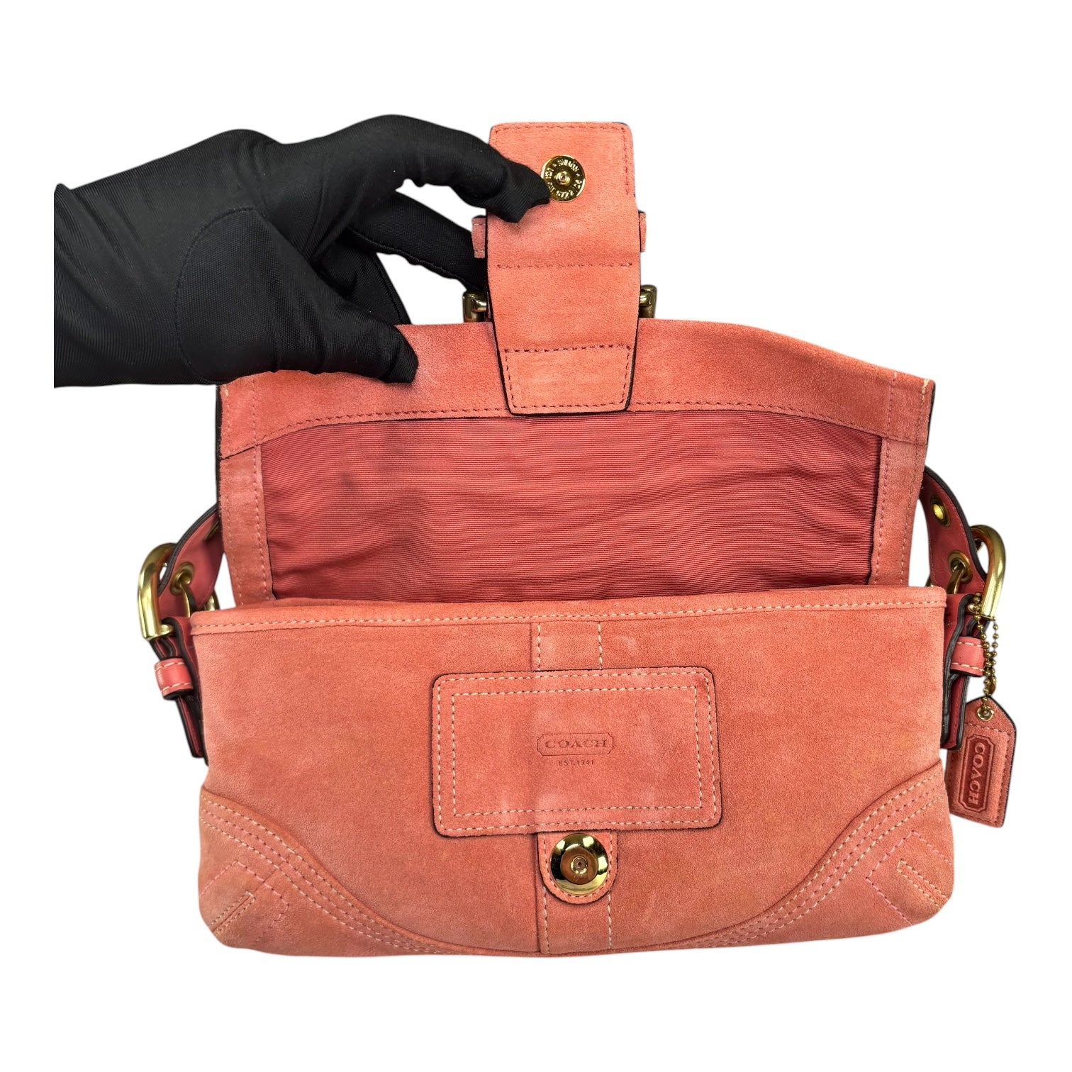 Coach Y2K SoHo Coral Suede Brass Buckle Baguette Shoulder Purse