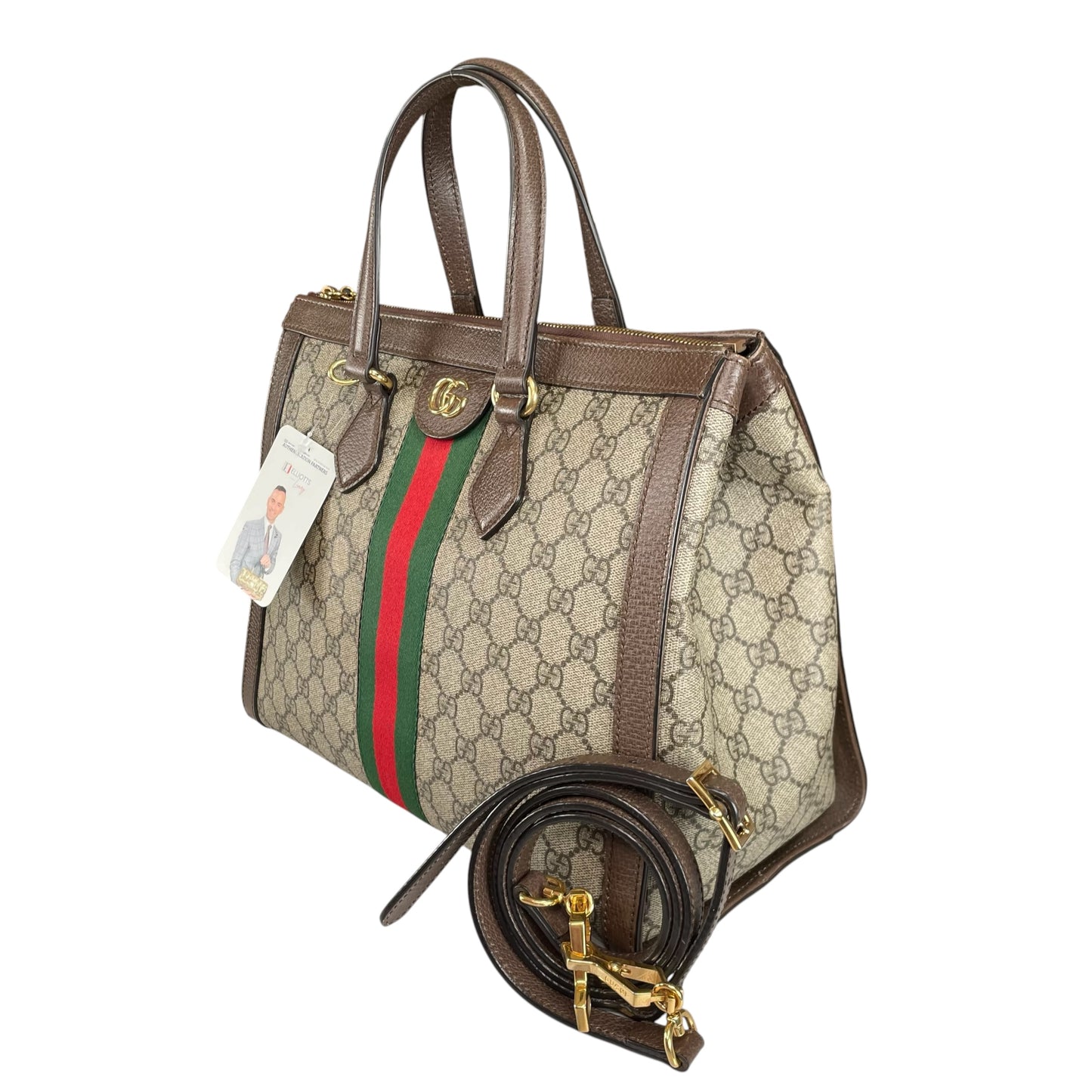 Gucci GG Ophidia GHW Leather Supreme Brown Canvas Crossbody Medium 2-Way Tote