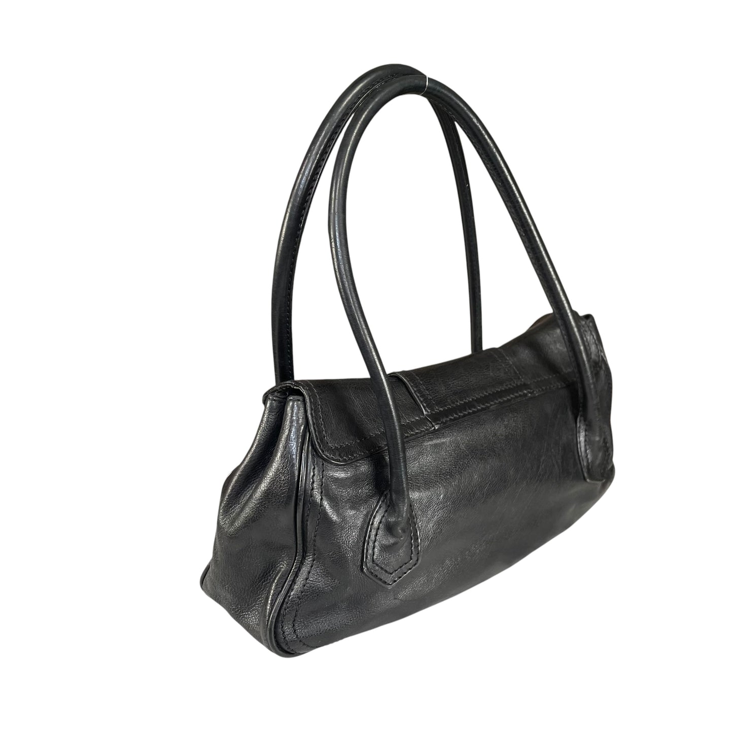 Celine Buckle Front Shoulder Black Leather Brushed Brass