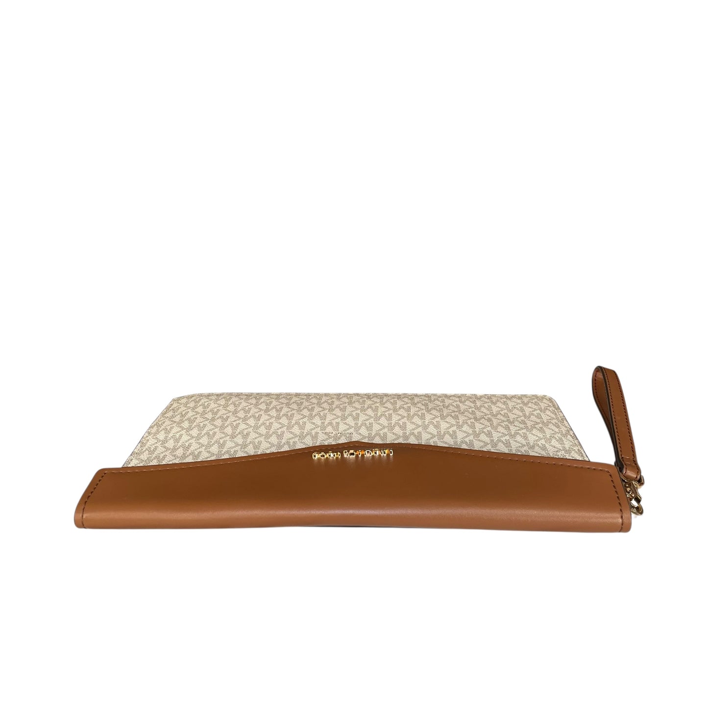 Michael Kors Maisie Leather Brown White Canvas GHW XL Envelope Clutch Wristlet