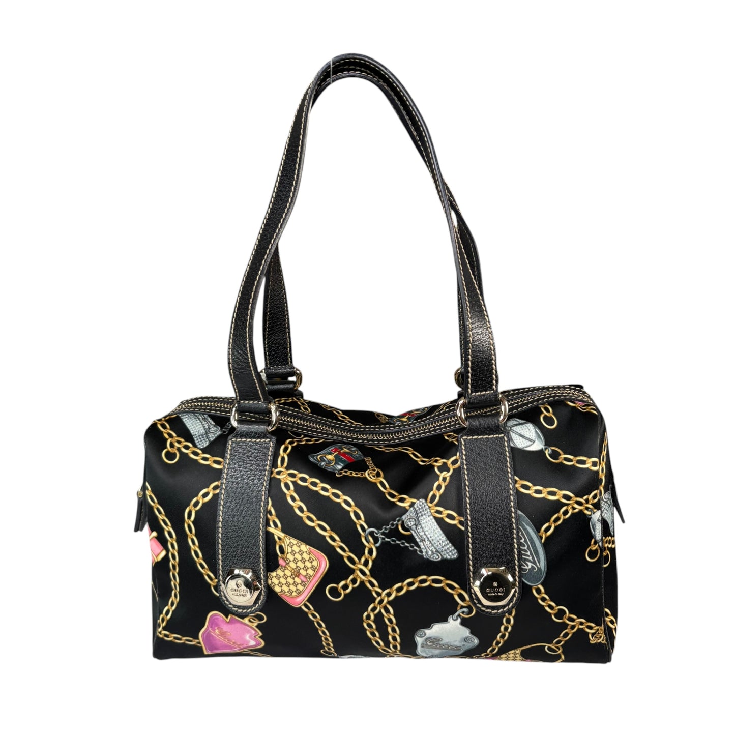 Gucci Black Satin Leather Boston Charm Motif Jackie / HorseBit Chain