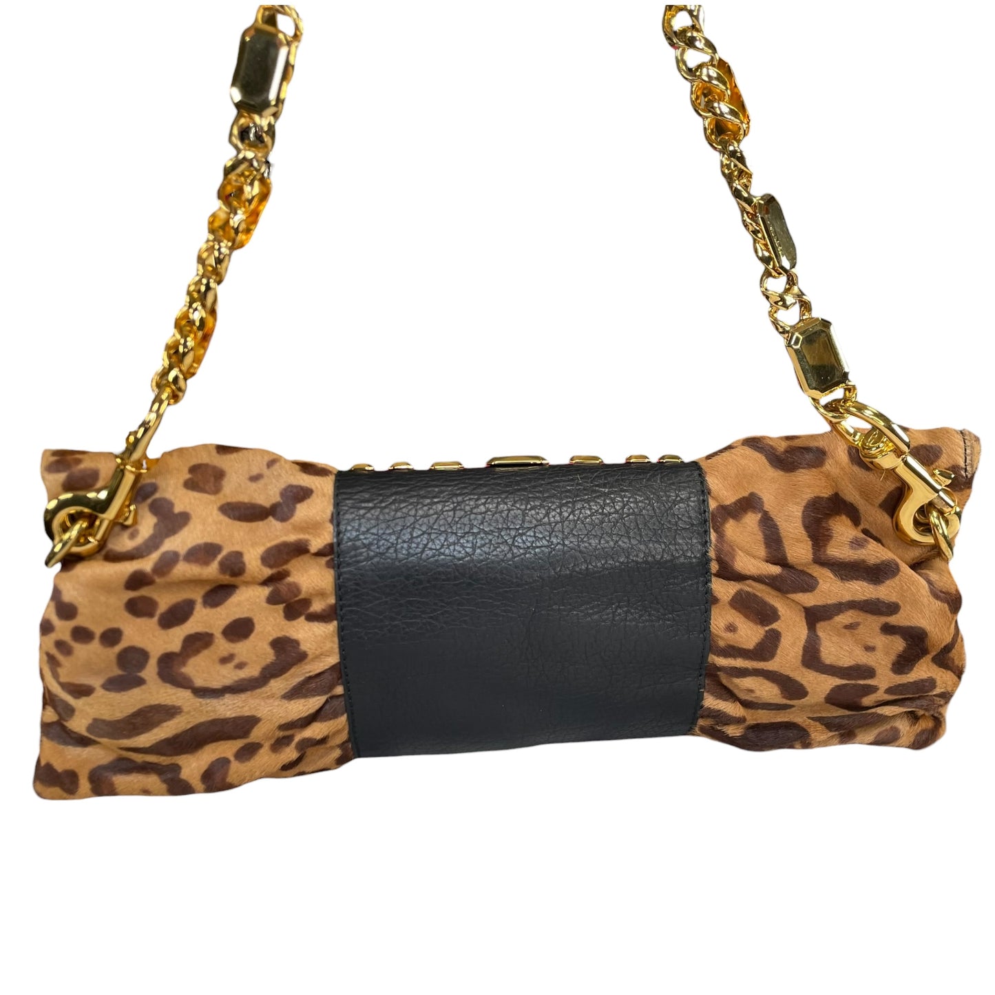 Valentino Leopard Pony Hair Studded GHW East-West Chain Shoulder Bag / Clutch