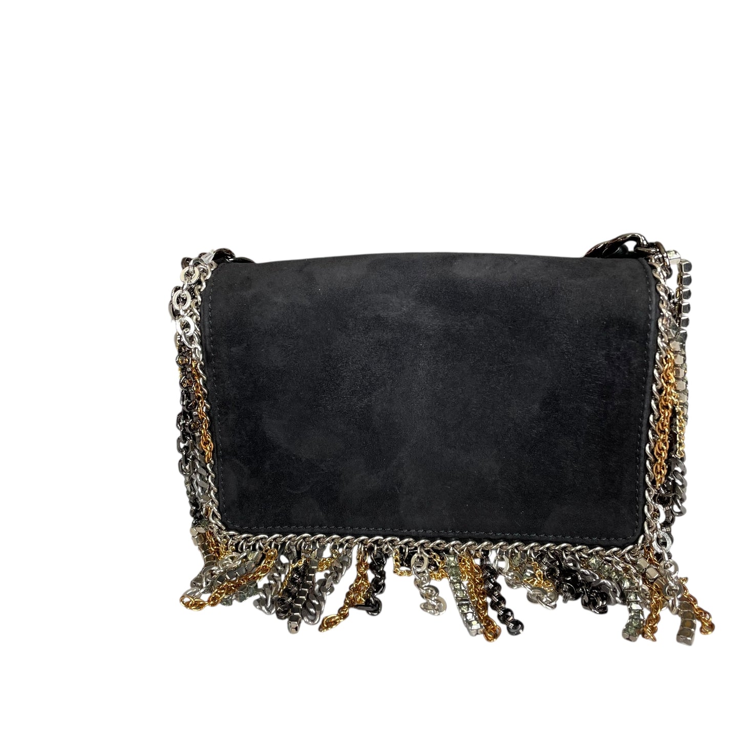 Jimmy Choo  Mini Black Suede Mixed Chain Rhinestone Fringe Hardware 2-Way Clutch Shoulder Purse