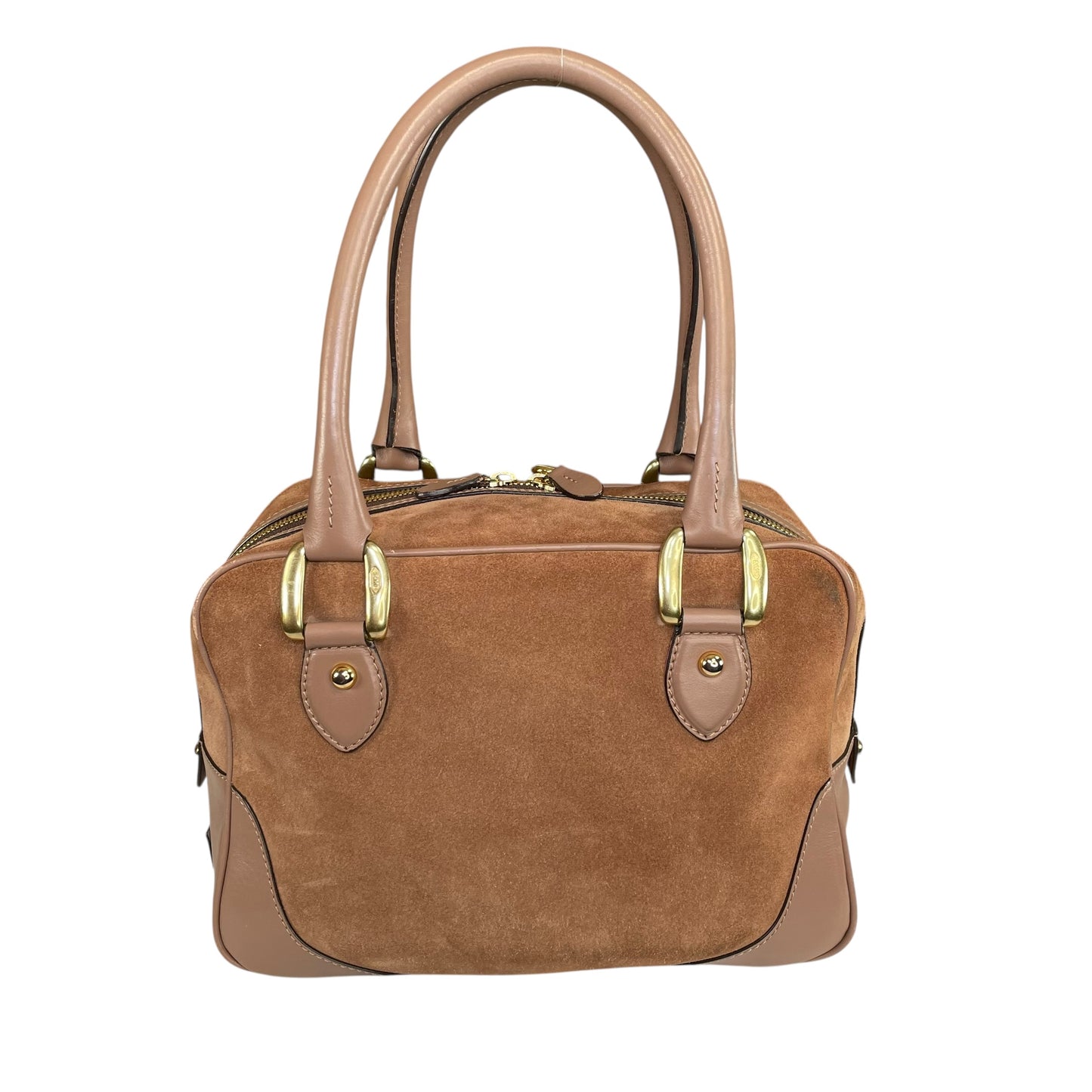 J&M Davidson Mia Equestrian Satchel Suede Leather Brown Lock Key Boston Bag