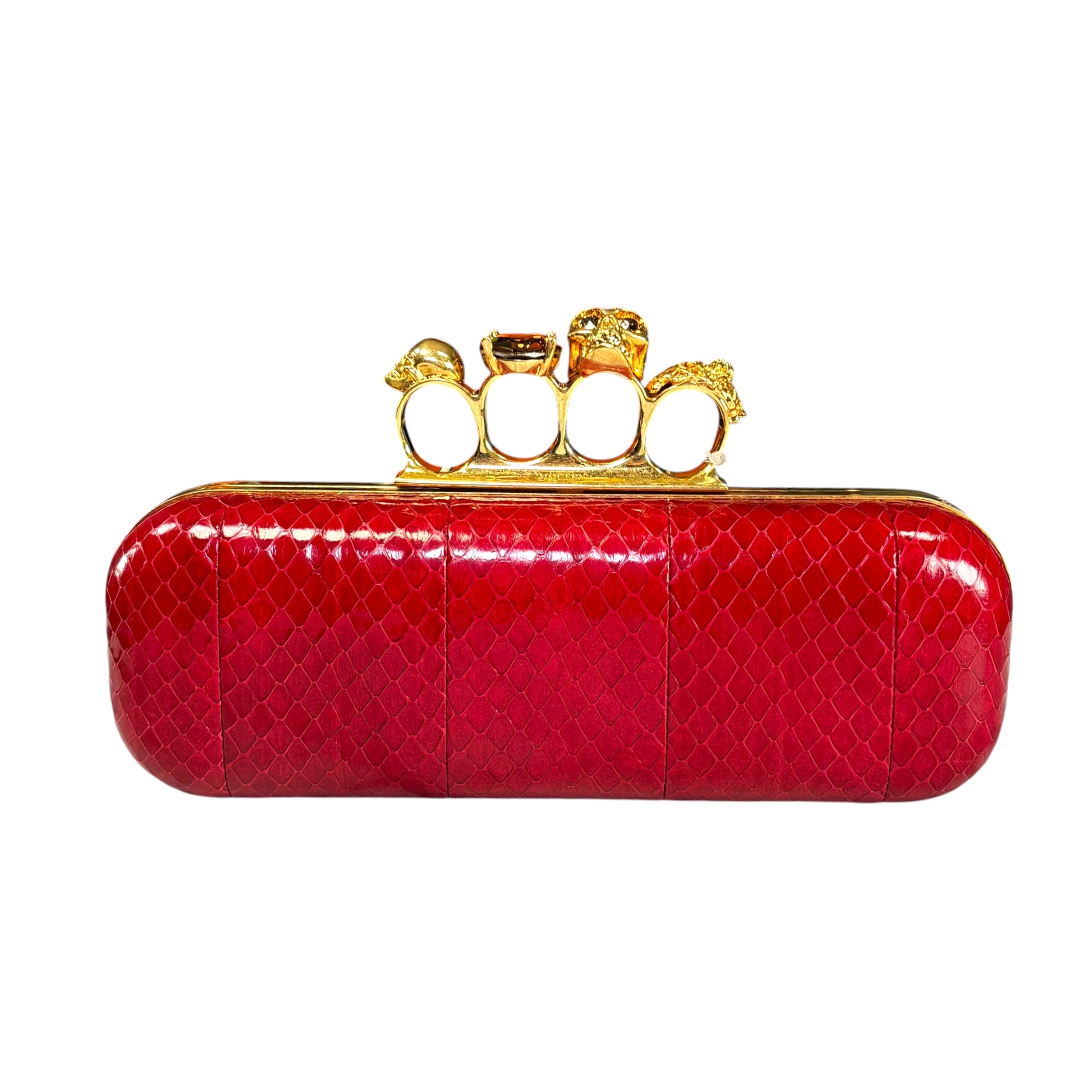 Alexander McQueen Ruby Red Embossed Leather Knuckle Clutch – Gold