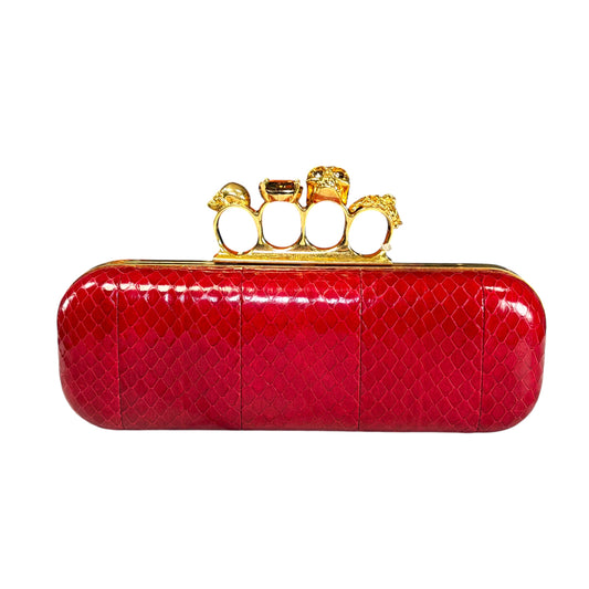 Alexander McQueen Ruby Red Embossed Leather Knuckle Clutch – Gold Rhinestone Skull Hardware