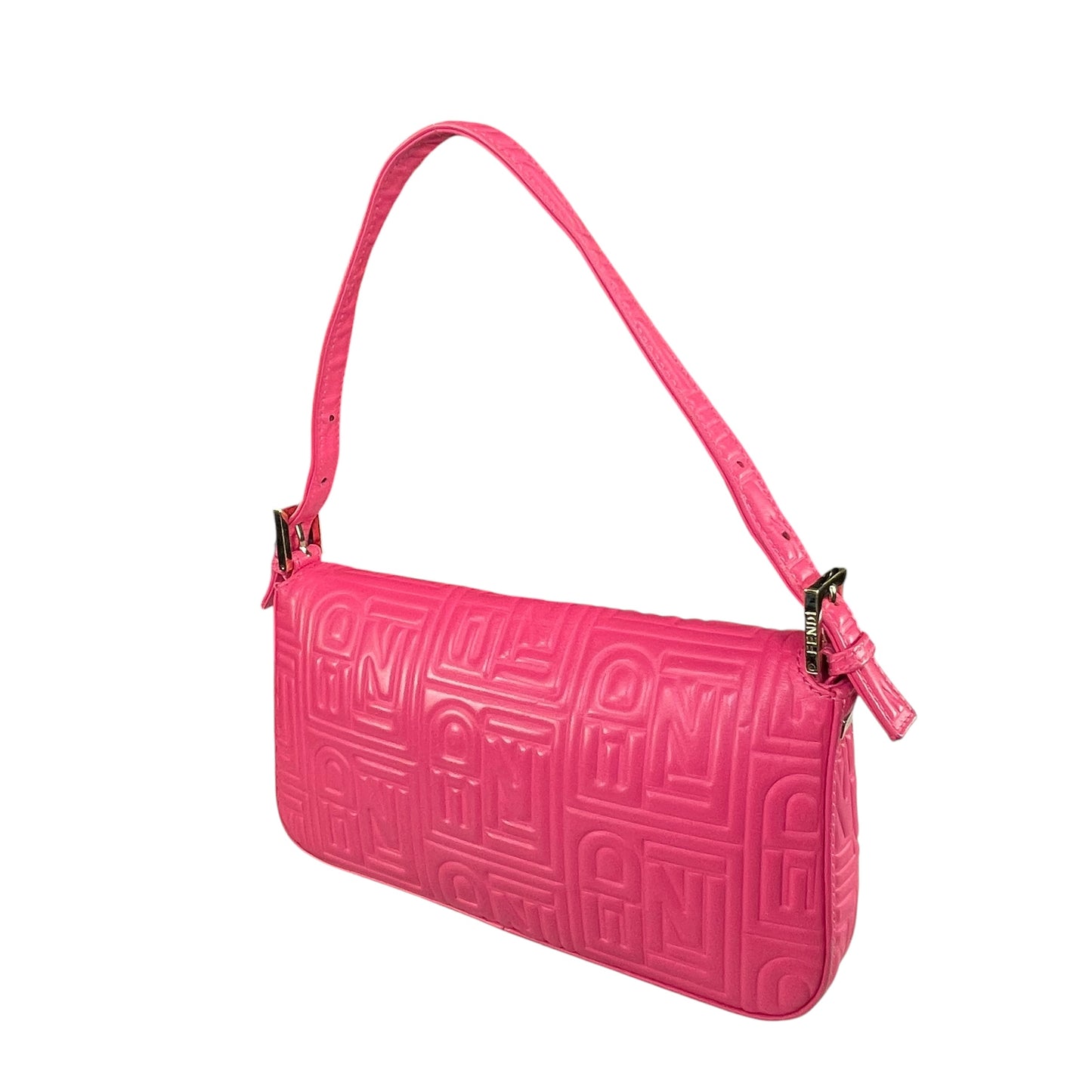 Fendi Baguette Re-Issue Embossed GHW Fusia Pink Leather Shoulder Purse