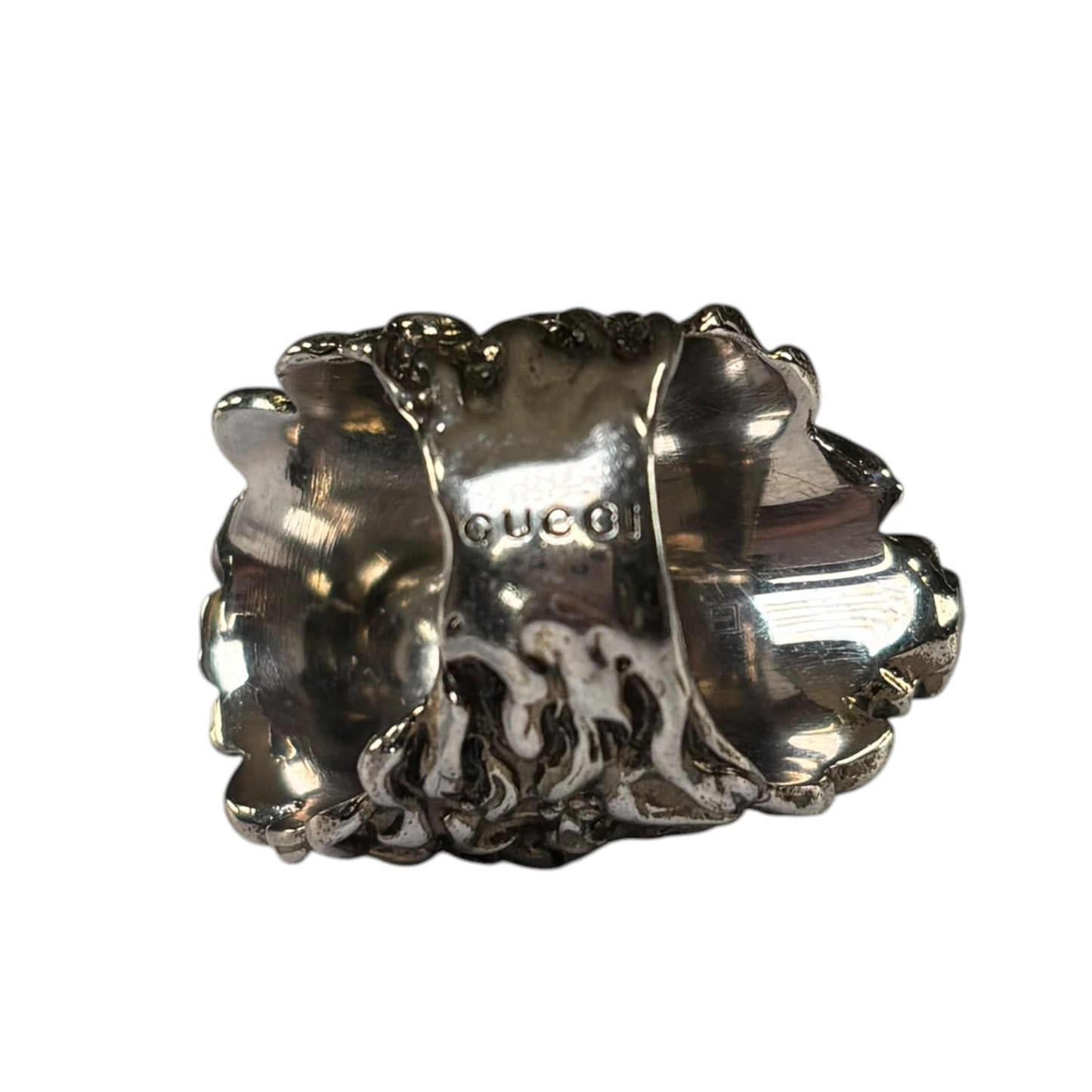 Gucci Lion Head Blue Crystal Silver Tone Pinky Ring Sz 5.5