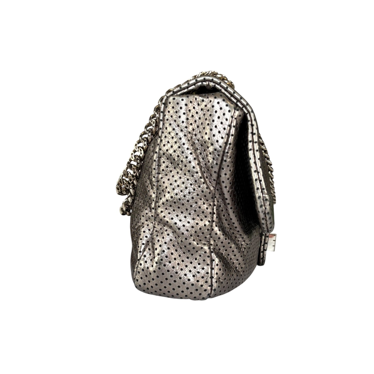 Chanel 2.55 Drill Flap Pewter Metallic Lambskin Leather GHW Med Shoulder Purse