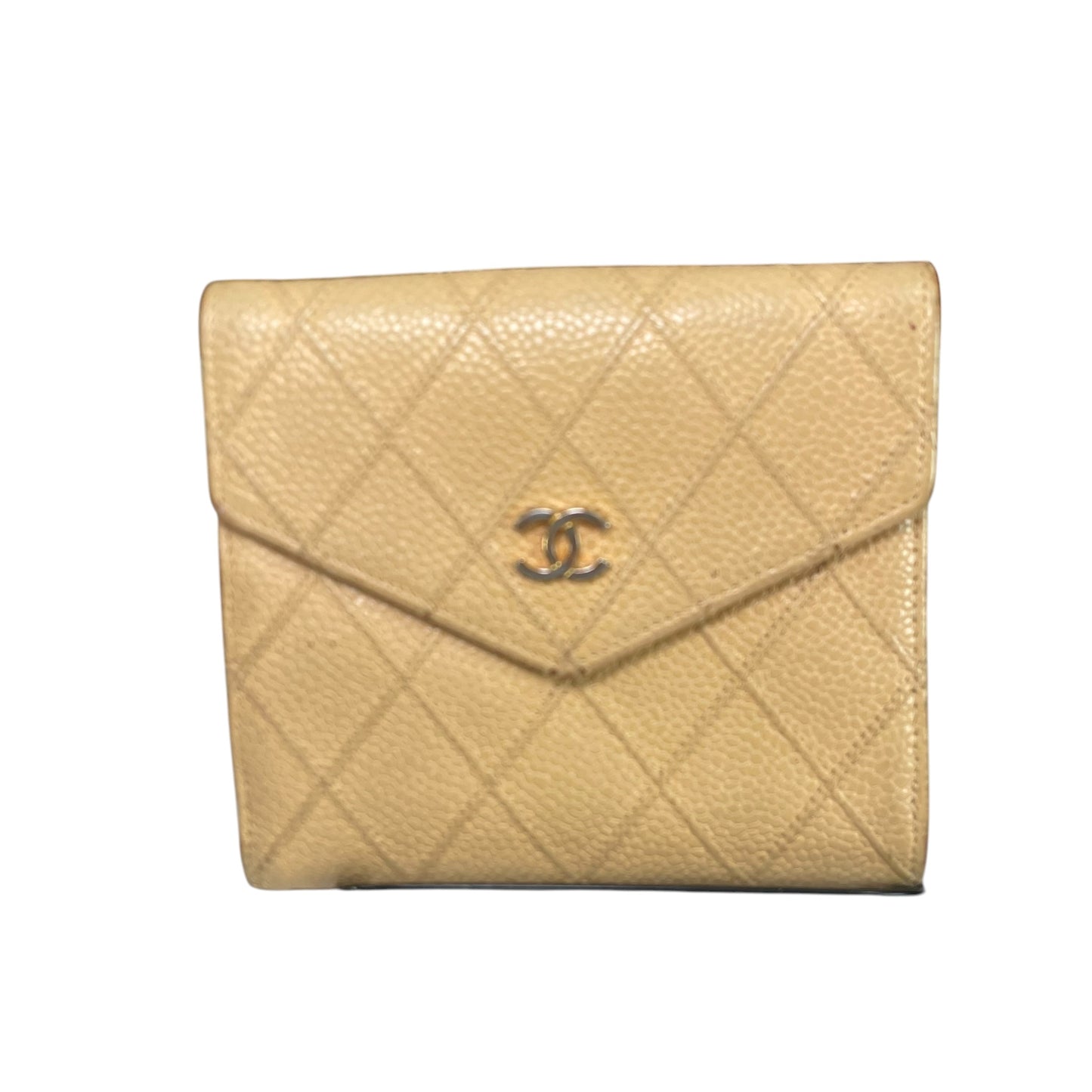 Chanel Compact Wallet Beige Caviar Leather CC Logo Snap Small Wallet Vintage