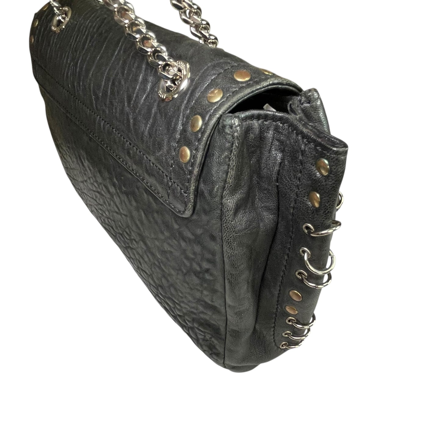 Emilio Pucci Pierced Studded Flap Black Aged Cowhide Silver Gold 2-Way Shoulder Bag
