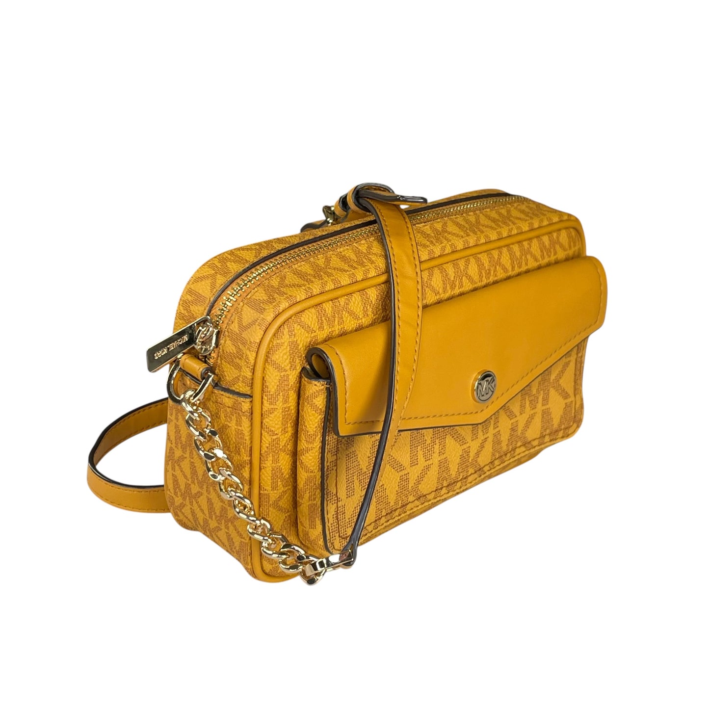 Micheal Kors Mustard GHW Jet Set Leather Canvas Crossbody