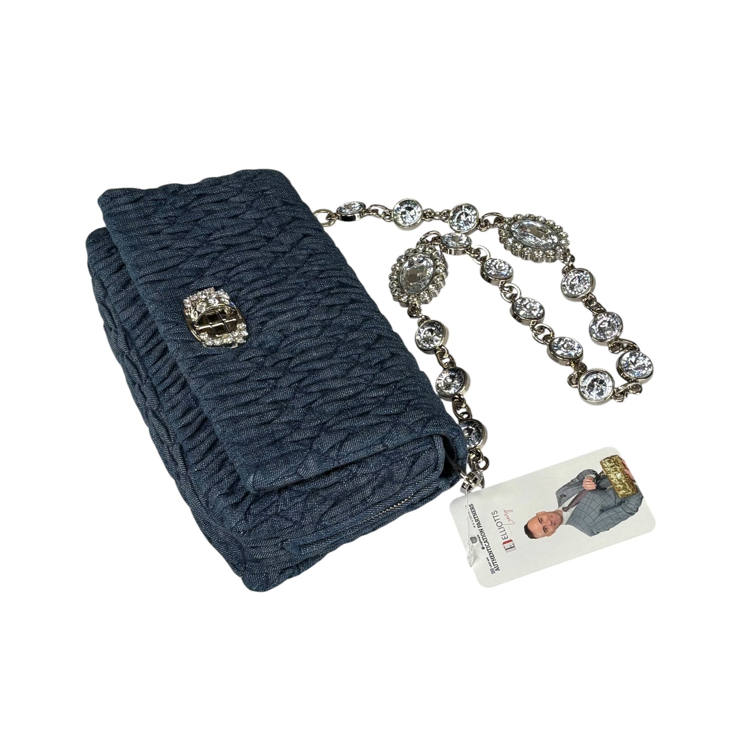 Miu Miu Crystal SHW Encrusted Denim 2-Way Crossbody Flap Turn-Lock Purse