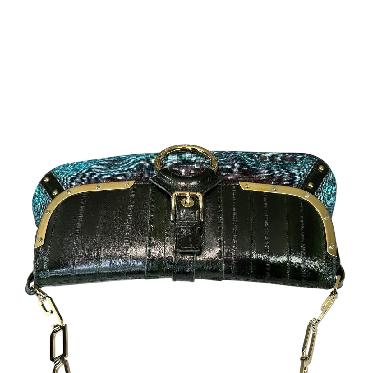 Dolce & Gabbana D-Ring Eel Skin Green / Gold Hologlyphic Canvas Shoulder Purse