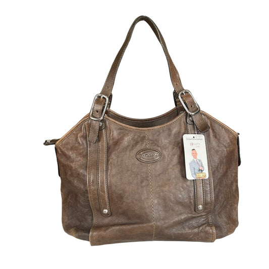 TOD’s G Easy Sacca SHW Grande Distressed Brown Leather Zip Media Tote