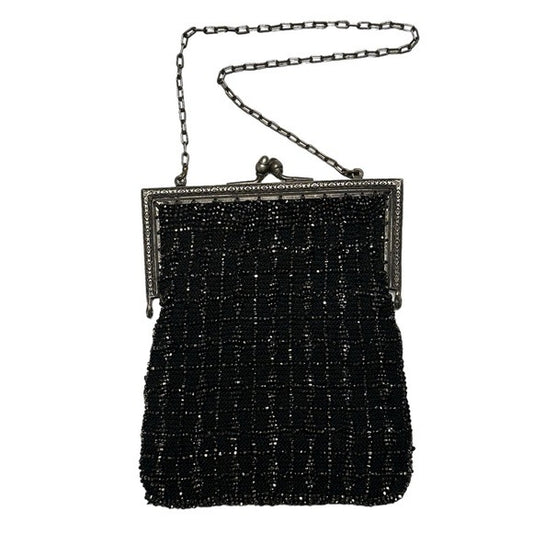 Whiting Davis Sterling Plated Black Kiss-Lock Evening Beaded Wovens Mesh Clutch