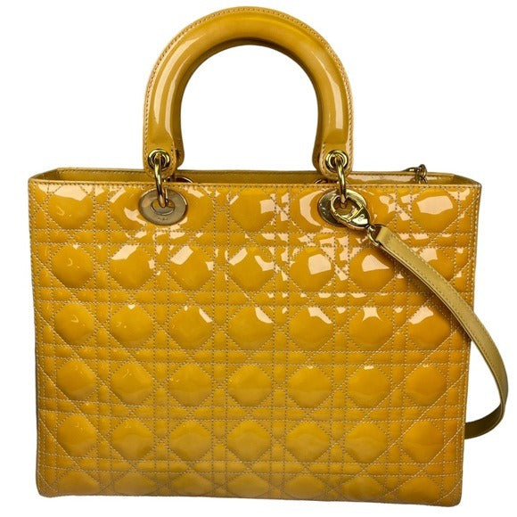 Christian Dior Lady Medium Patent Mustard Cannage Two-Way Top Handle Tote Purse