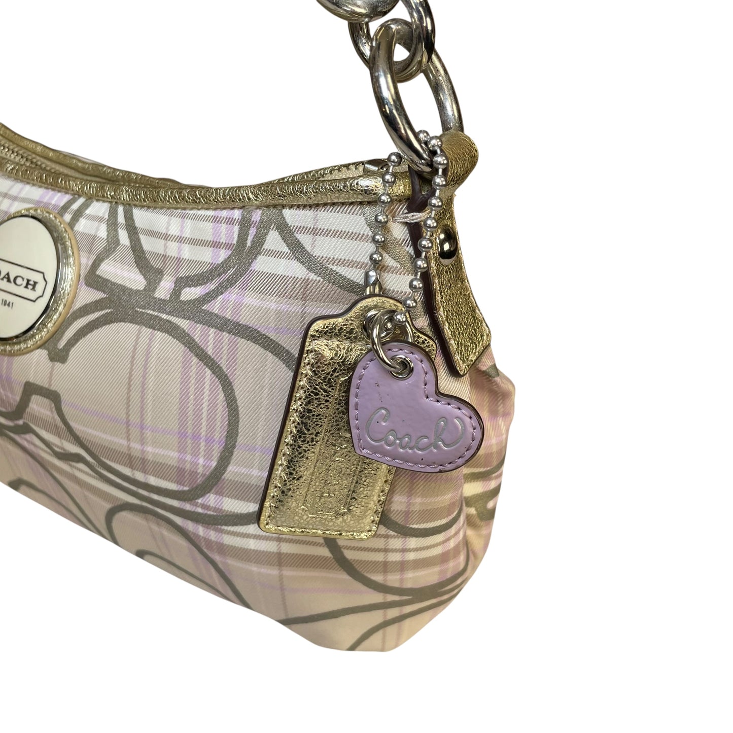 Coach Demi Tartan Plaid Nylon Bag Metallic Gray Gold Leather Shoulder Crossbody Y2K