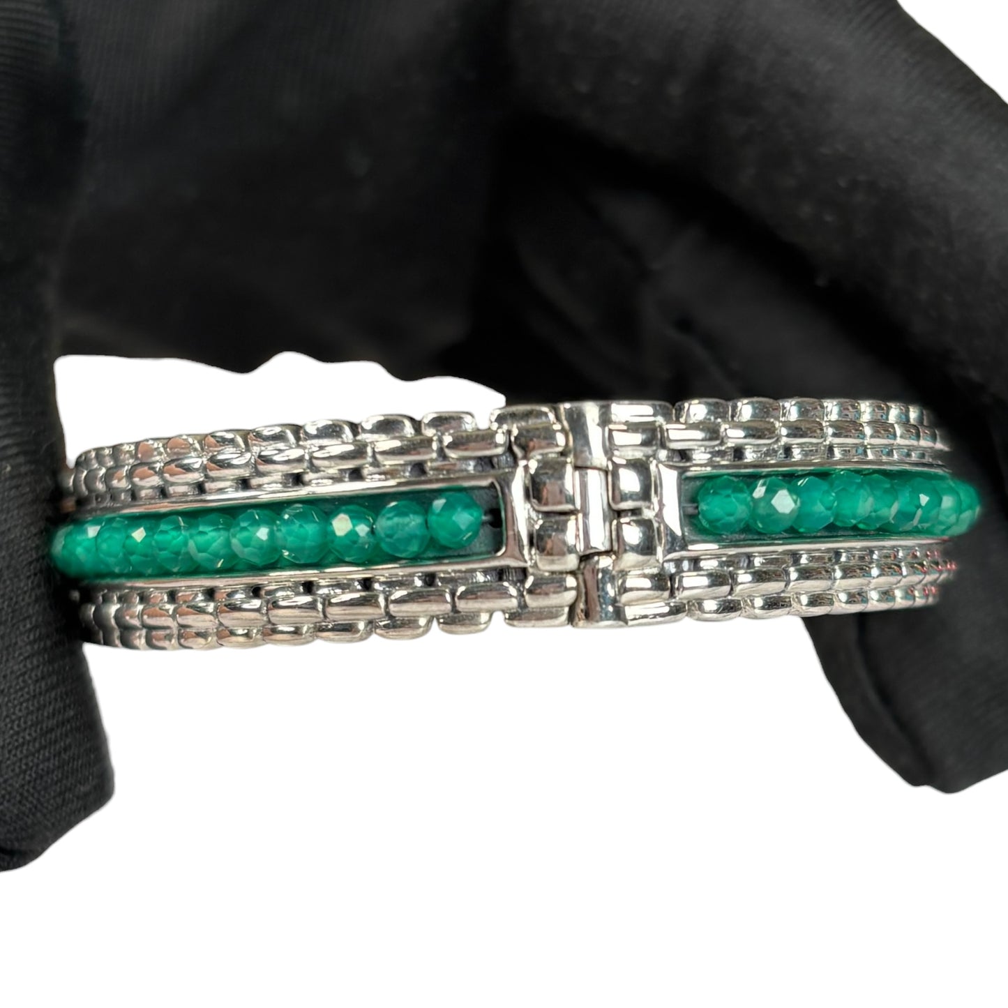 JAI by John Hardy Sterling 925 Green Gemstone Hinged Bangle 6.75”
