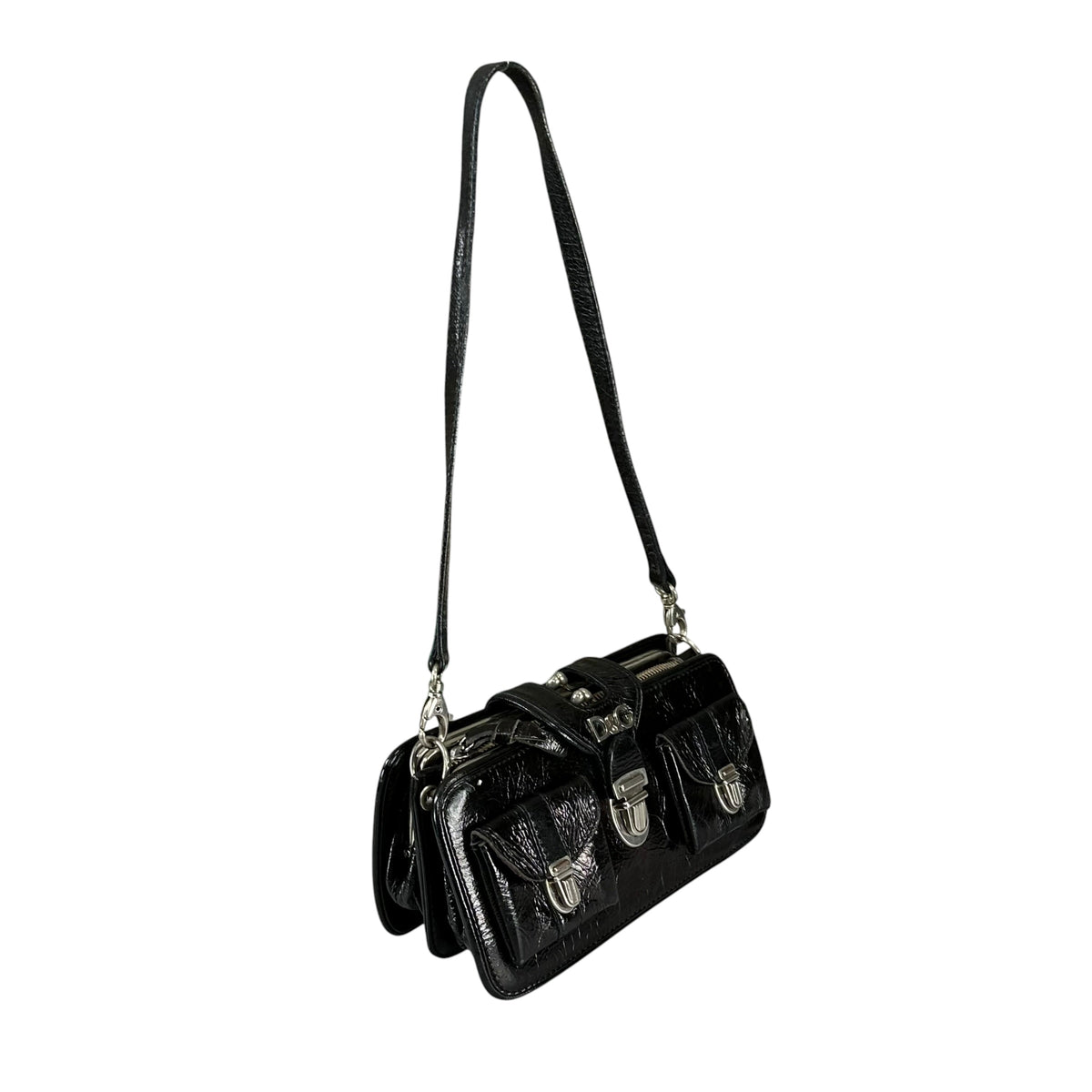 D & G Dolce Gabbana Mini Black Patent Baguette SHW Purse