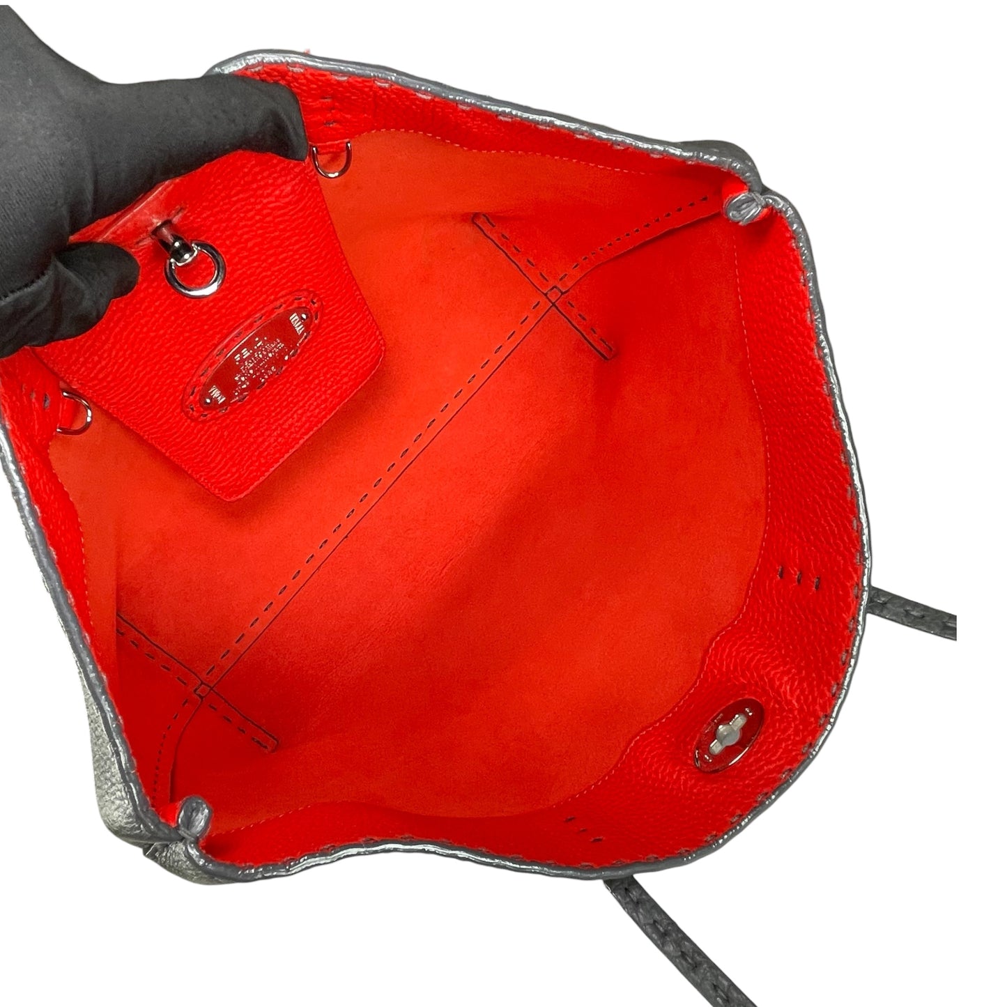 Fendi Selleria Grey / Red Sterling Silver  Pebbled Leather Lock Medium Tote