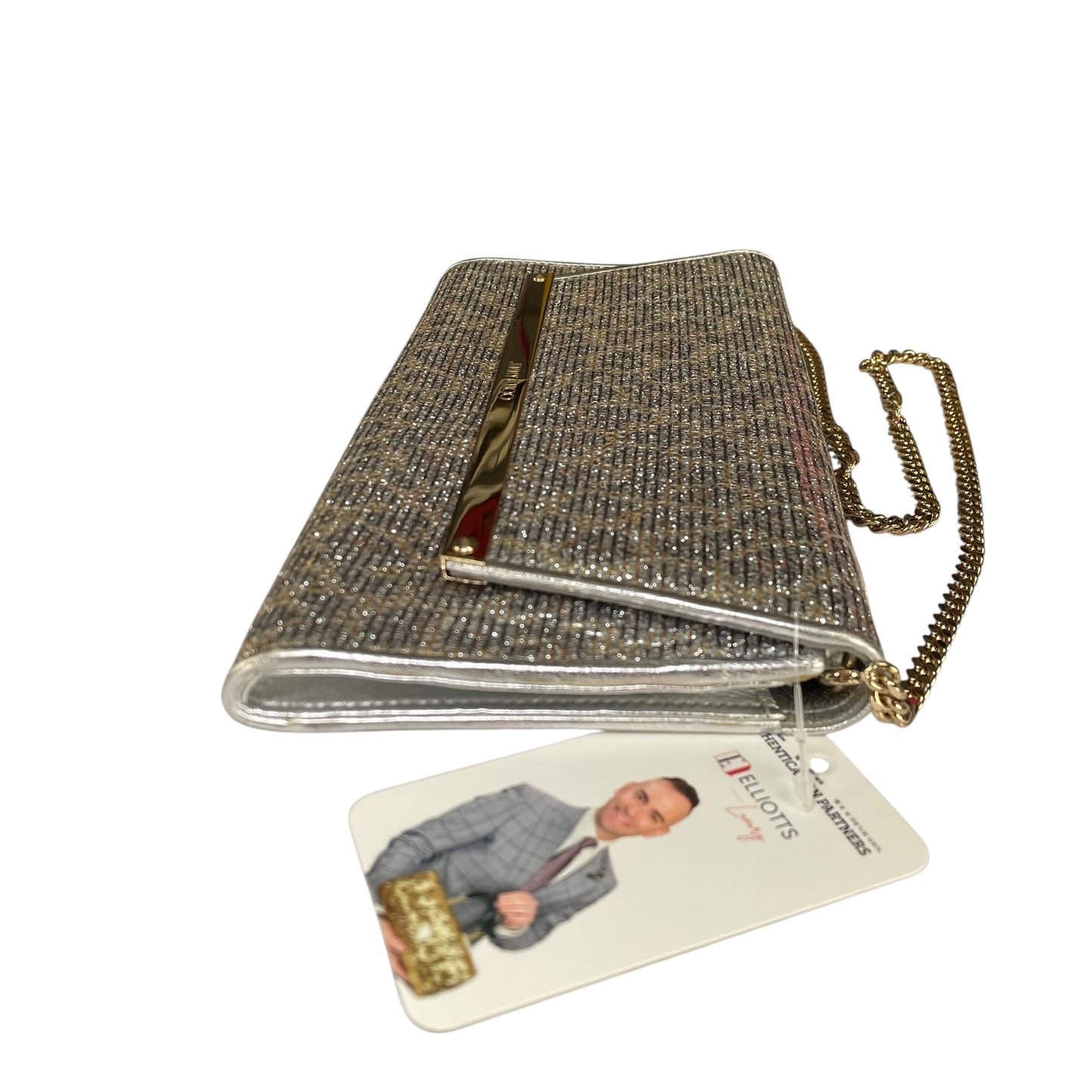 Jimmy Choo Margot Metallic Glitter Silver Leather GHW Chain Clutch