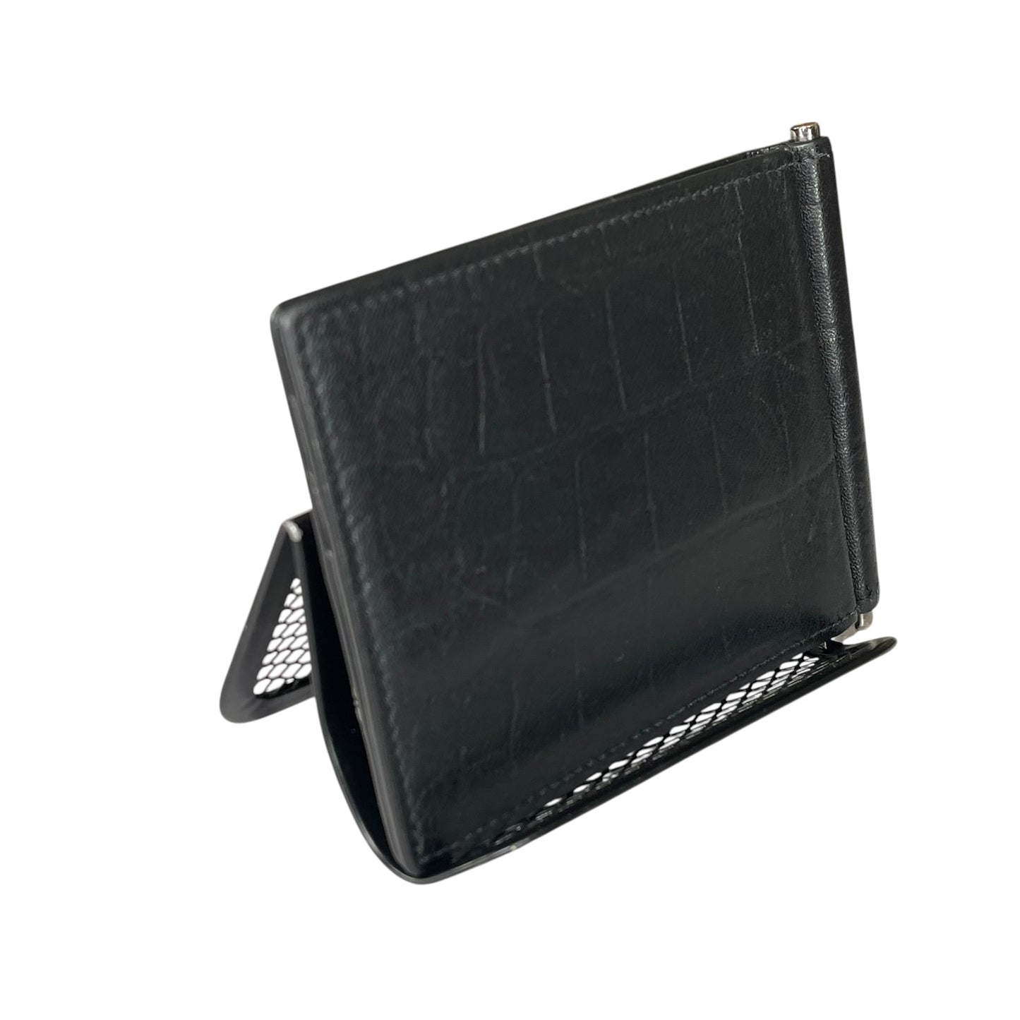 YSL Mens Black Croc Embossed Clip Cash Card Bi Fold Wallet