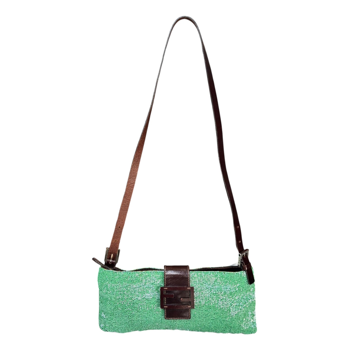 Fendi Y2K Slim Baguette Green Beaded Shoulder Purse