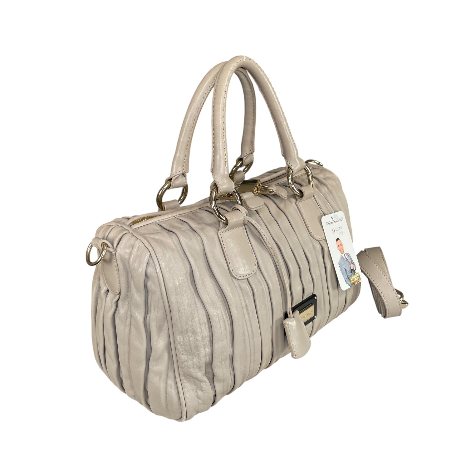 Emporio Armani Pleated GHW Leather Satchel Taupe Lock Key Crossbody Boston Bag