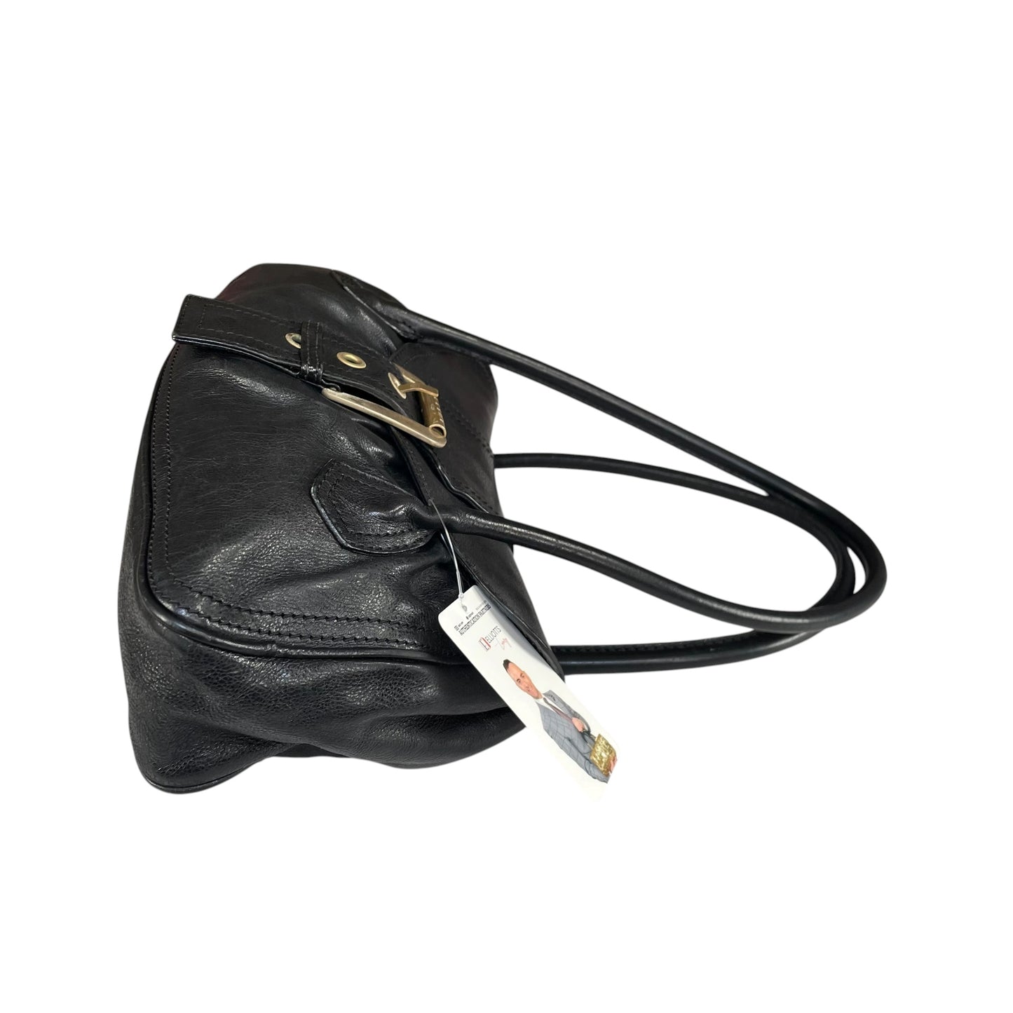 Celine Buckle Front Shoulder Black Leather Brushed Brass