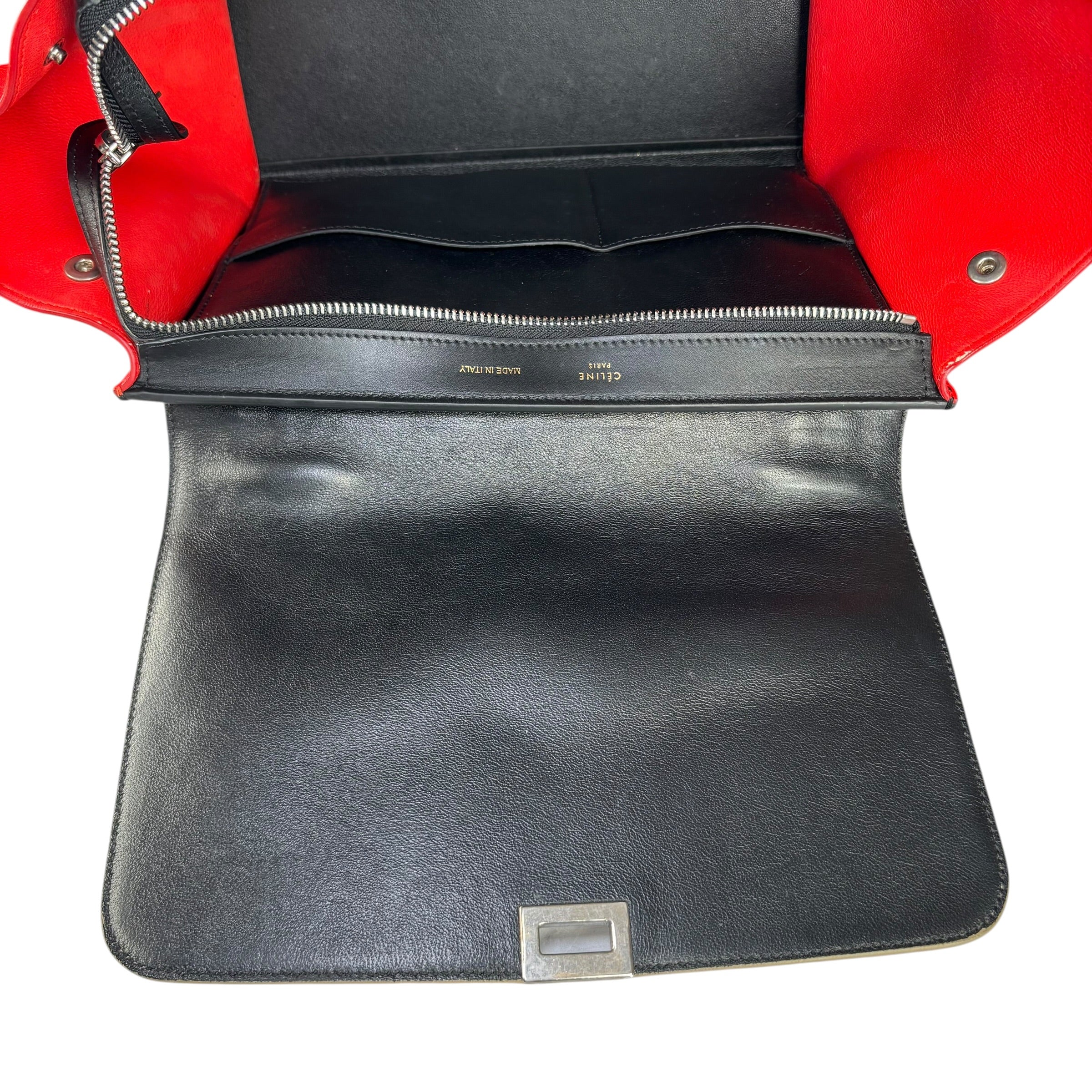 Celine Trapeze Tri-Color Red Black Grey Turn-Lock Top Handle Purse