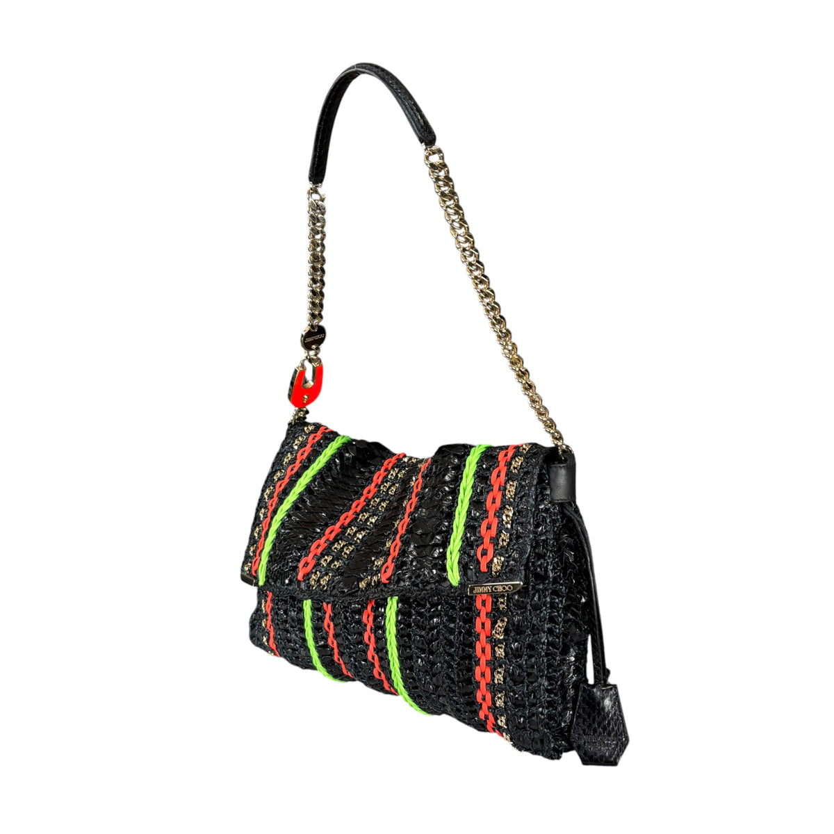 Jimmy Choo GHW Leather Rafia Neon Black Snake Chain Flap