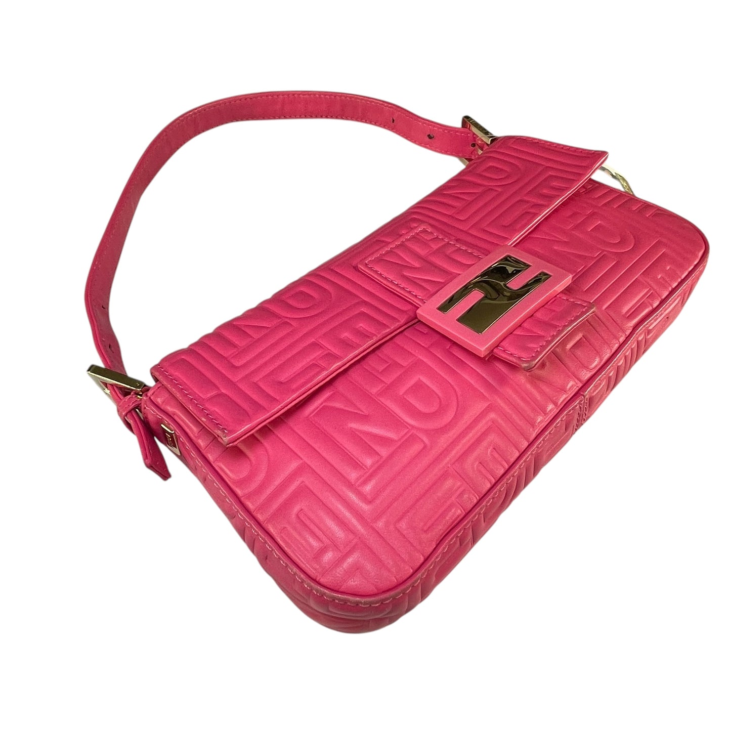 Fendi Baguette Re-Issue Embossed GHW Fusia Pink Leather Shoulder Purse