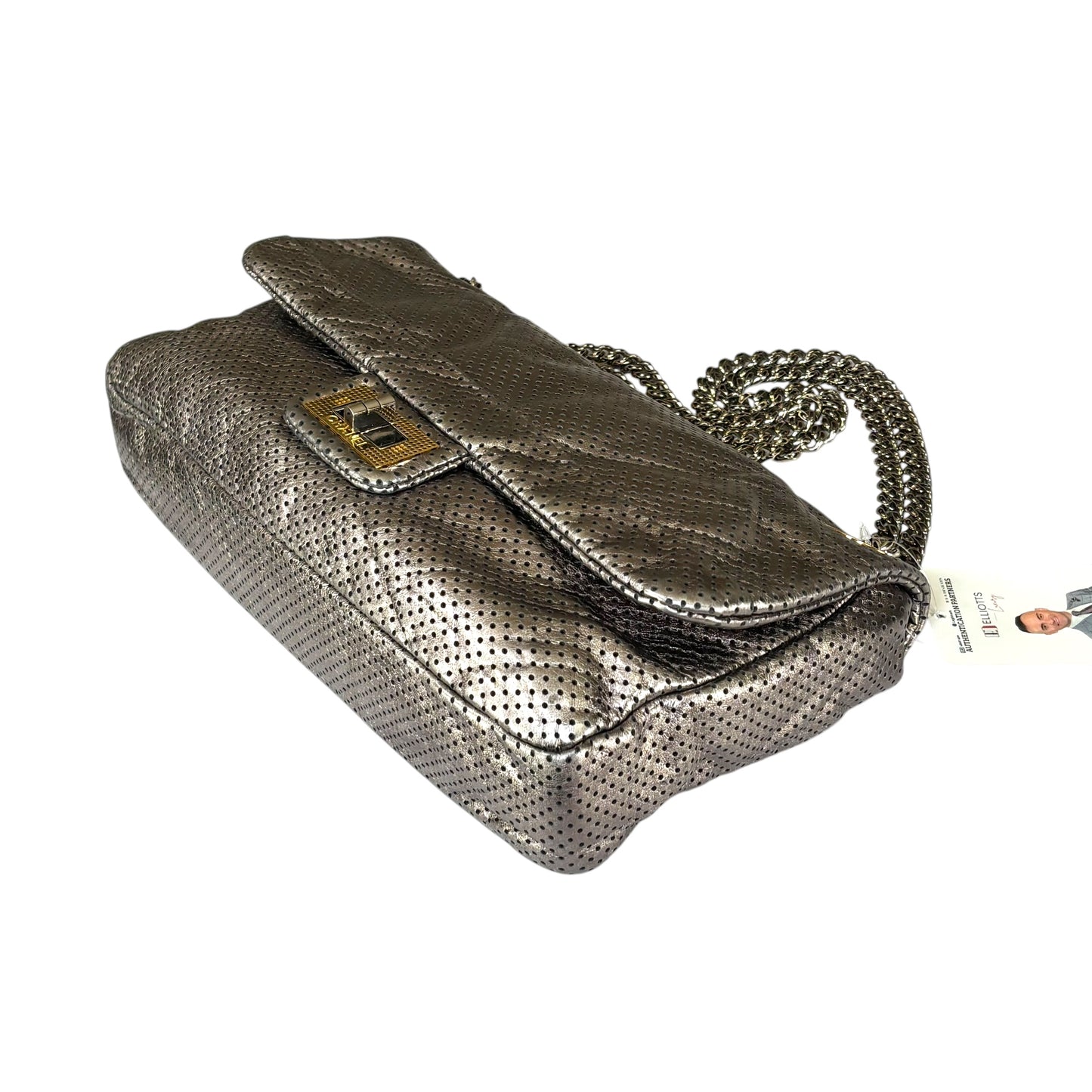 Chanel 2.55 Drill Flap Pewter Metallic Lambskin Leather GHW Med Shoulder Purse