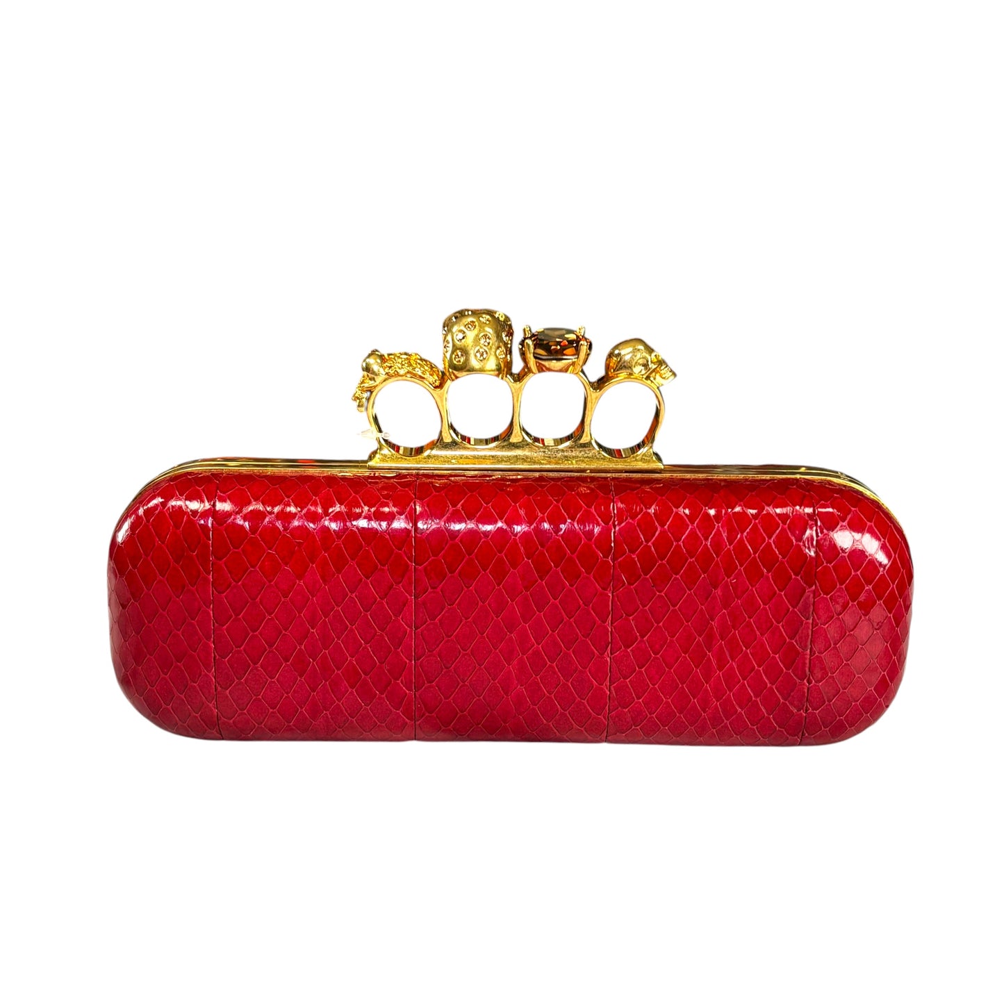 Alexander McQueen Ruby Red Embossed Leather Knuckle Clutch – Gold Rhinestone Skull Hardware