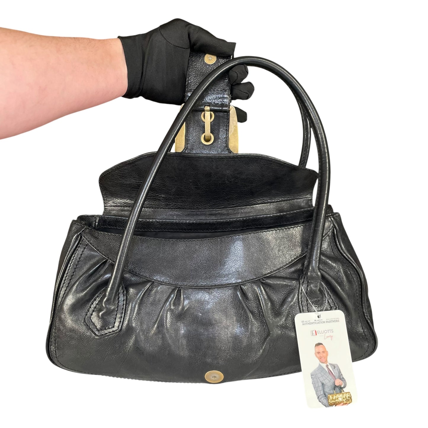 Celine Buckle Front Shoulder Black Leather Brushed Brass