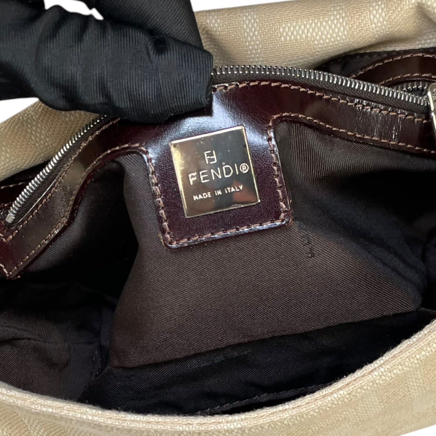 Fendi Baguette Y2K Zucca Monogram Cream Brown Fabric Leather Shoulder Purse