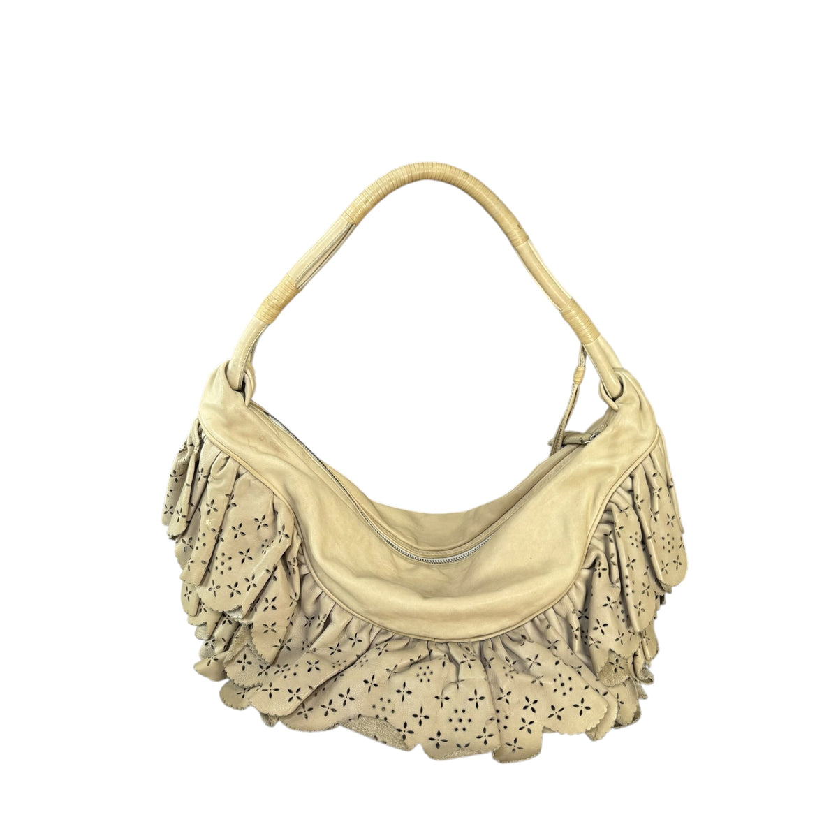 Christian Dior Bone Gypsy Ruffled Leather Perforated Hobo Bag