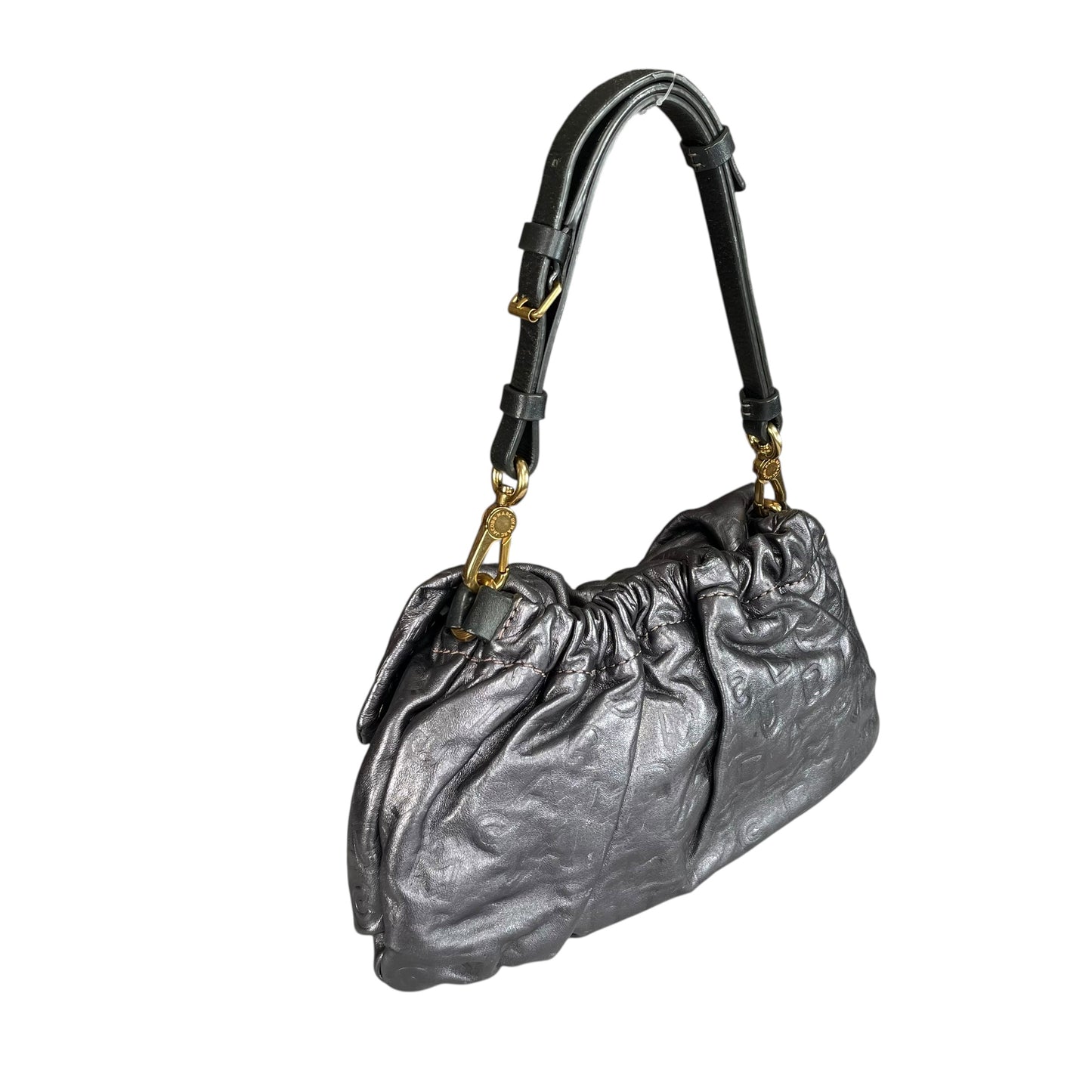 Marc Jacobs Linda Metallic Grey GHW Mono Leather Cinched Shoulder Purse