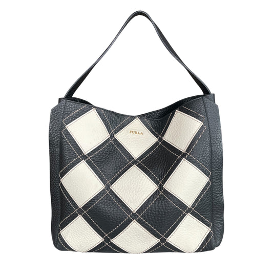 Furla Black White Patchwork Pebbled GHW Leather Shoulder Tote Bag