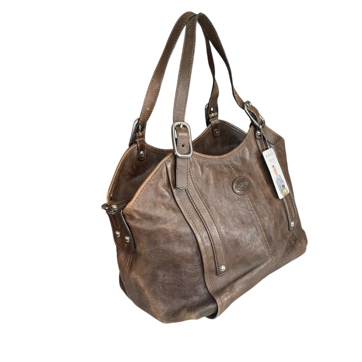 TOD’s G Easy Sacca SHW Grande Distressed Brown Leather Zip Media Tote