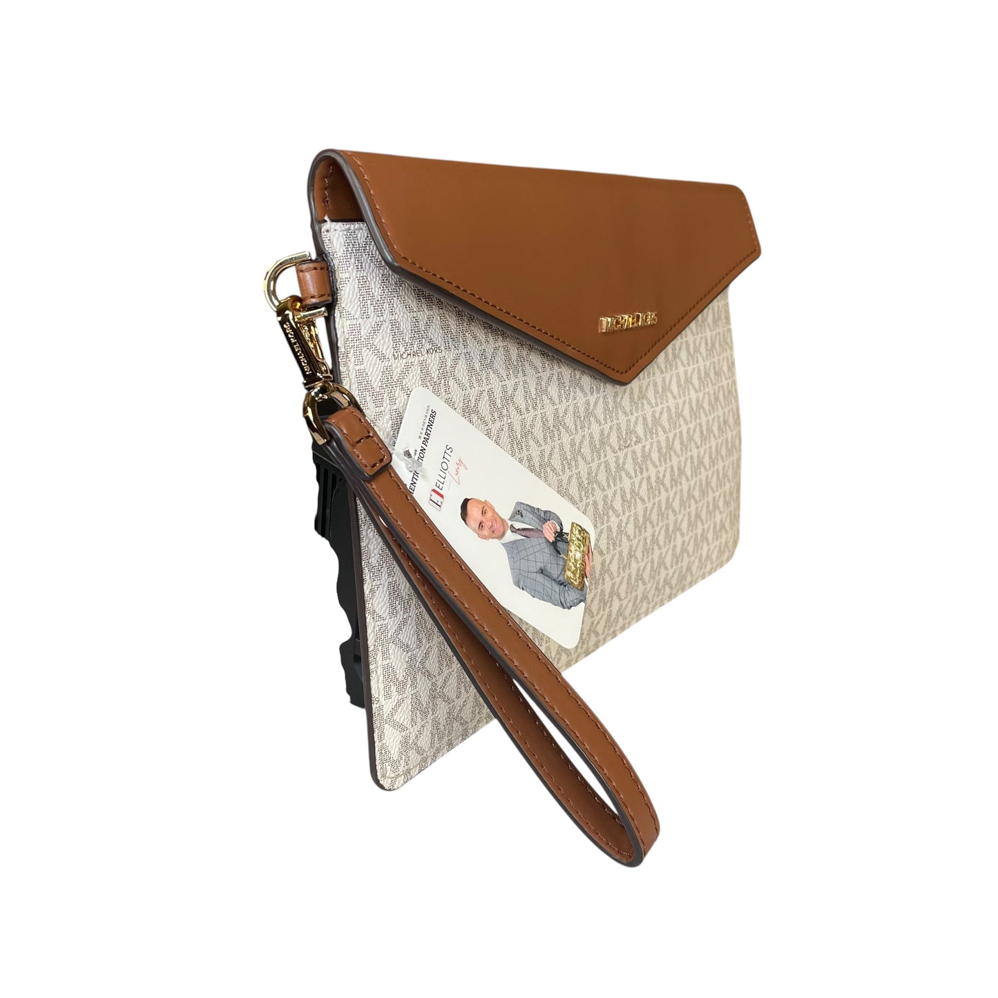 Michael Kors Maisie Leather Brown White Canvas GHW XL Envelope Clutch Wristlet